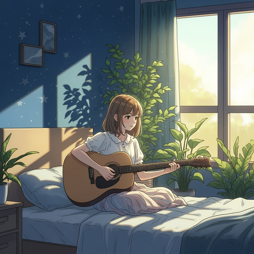 Soft, whimsical digital art, intimate framing, tranquil color palette. Emphasize gentle sunlight, peaceful bedroom scene, cozy atmosphere, delicate details, youthful character. Invokes nostalgic, comforting mood.