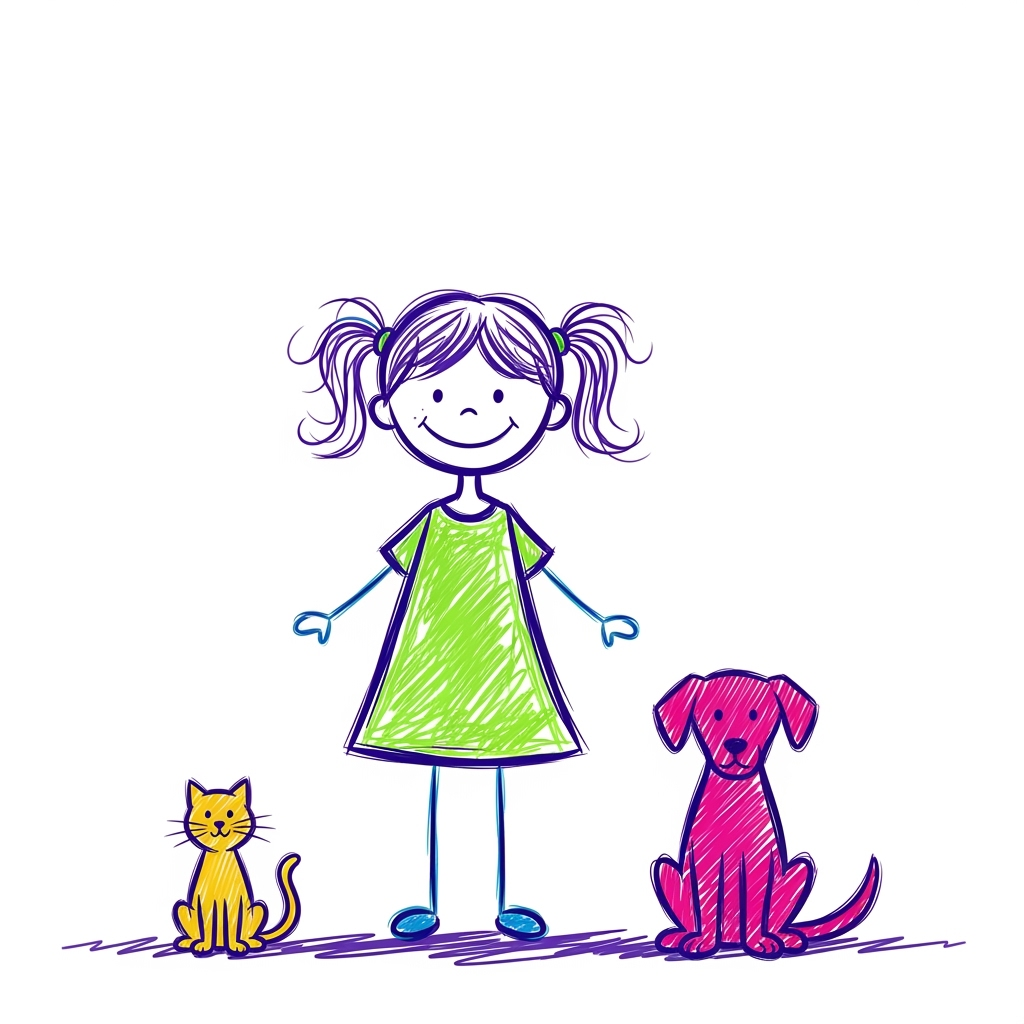 Minimalist hand-drawn multicolor scribble illustration: playful colored-pen loops, loose curly lines, high-key flat lighting, visible strokes, cross-hatching, neon lime, indigo, yellow, vivid magenta on white.