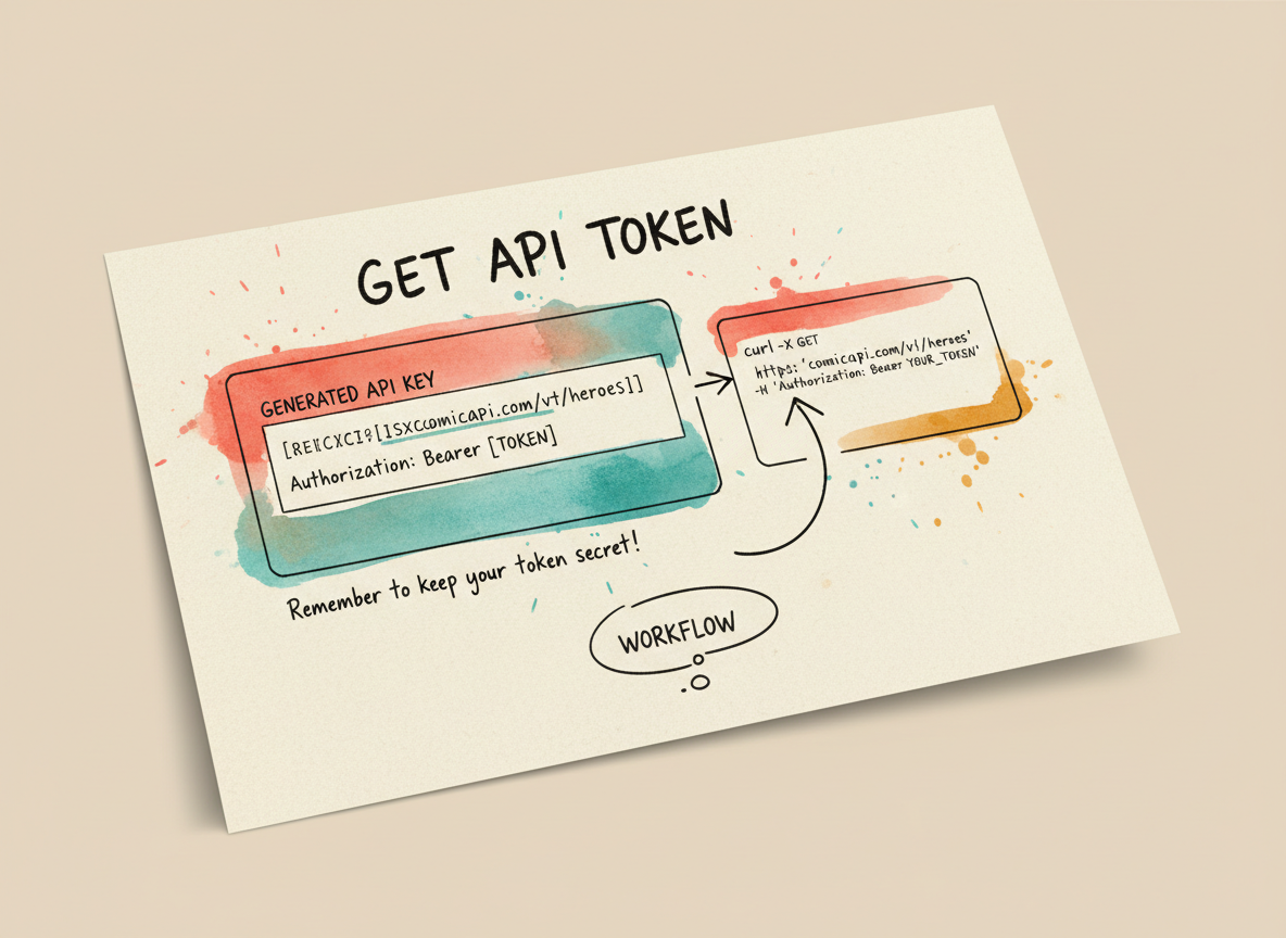 Colorful hand-drawn comic API skills illustration showing an API token moving into the workflow.