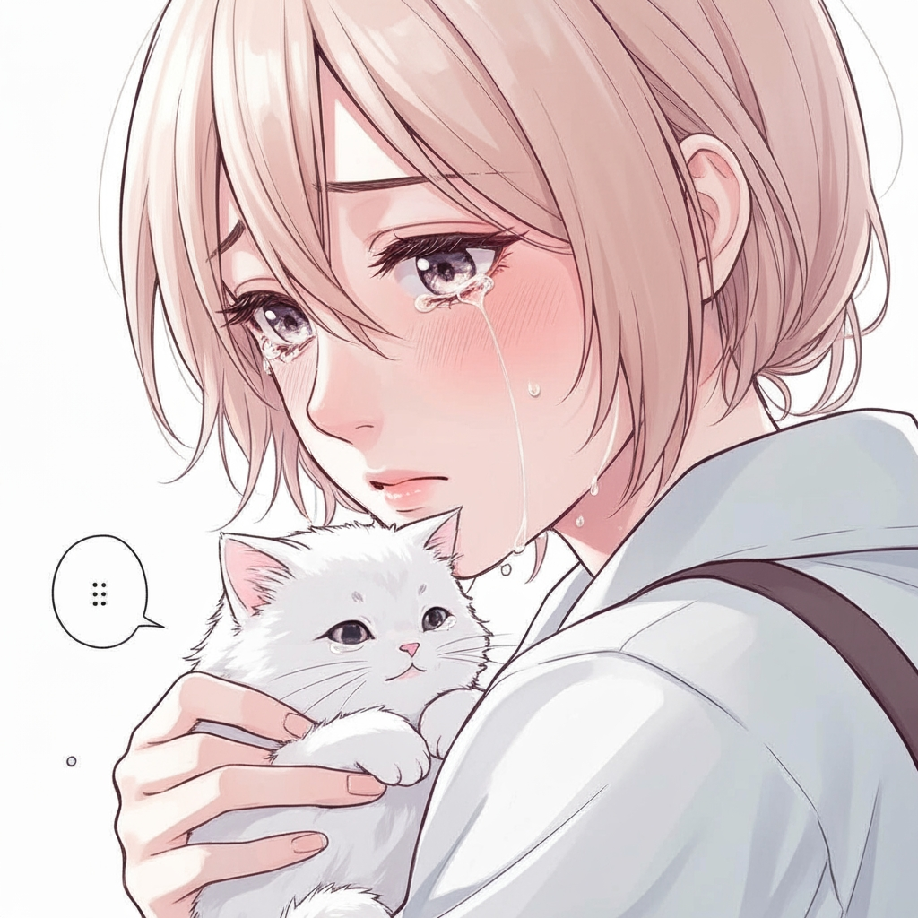 Sad anime girl with tears in eyes, gently holding a small white fluffy kitten, emotional scene, soft pastel colors, manga art style with detailed expressions