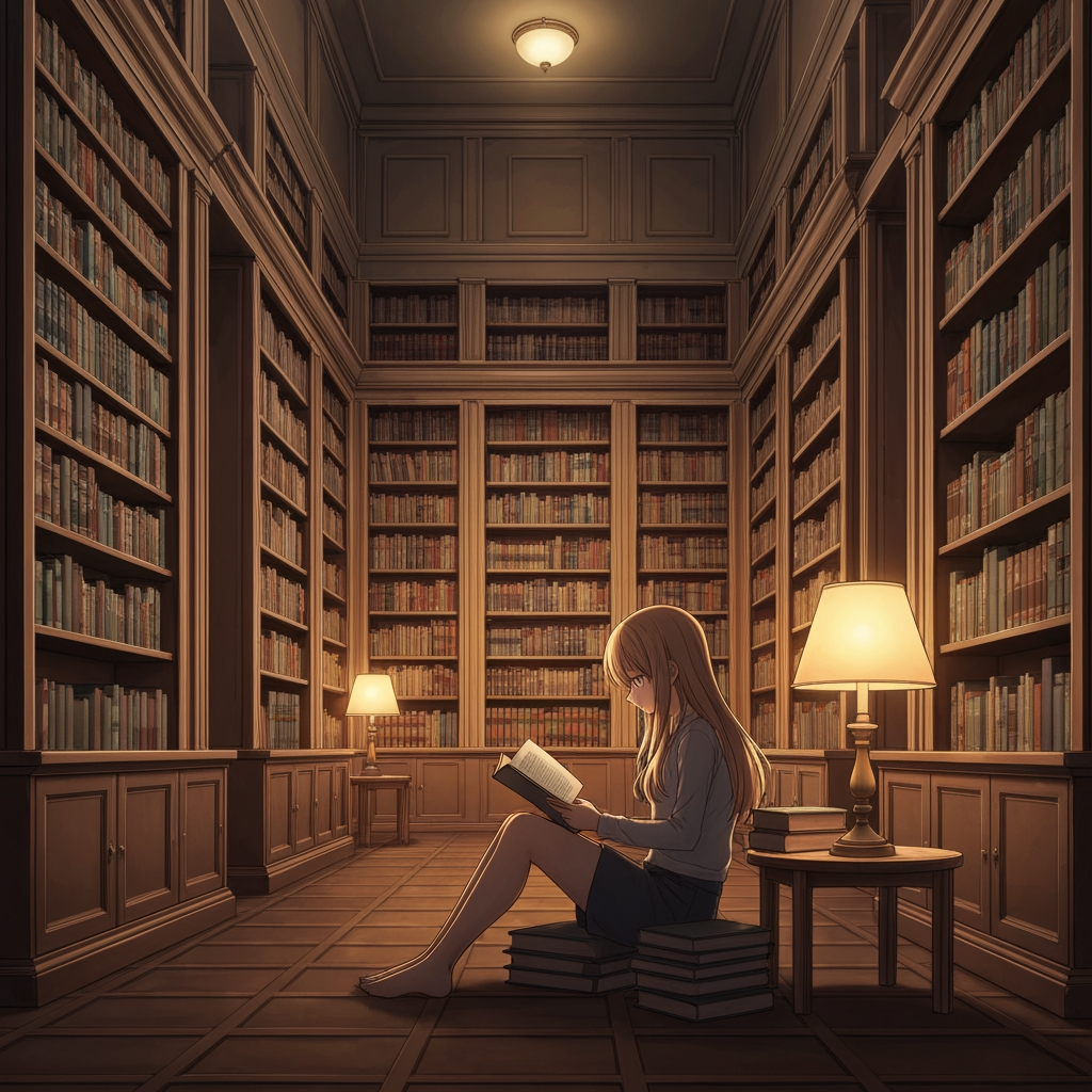 Anime girl sitting in a grand library, surrounded by tall bookshelves filled with books, reading a book under warm lamp light, quiet and studious atmosphere, detailed manga illustration