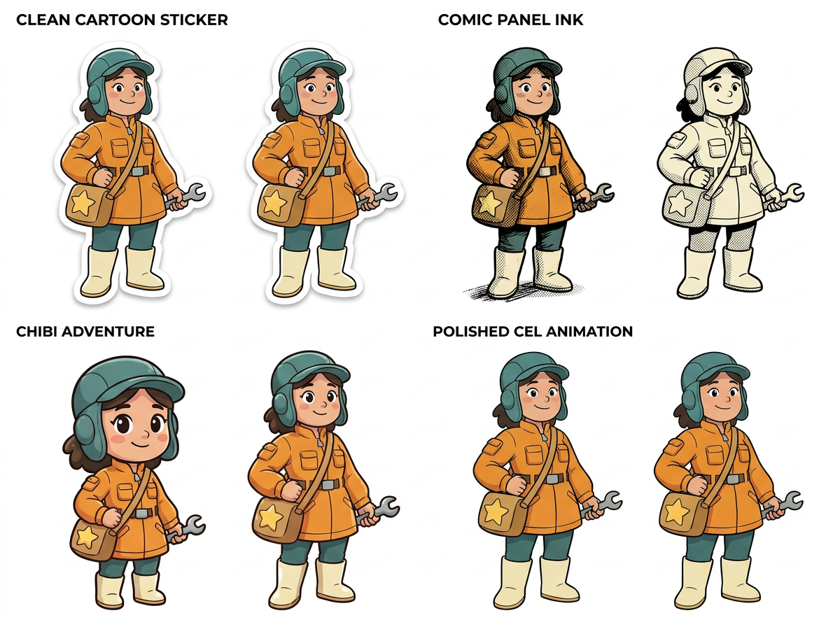 Same AI cartoon character explored across several original art styles
