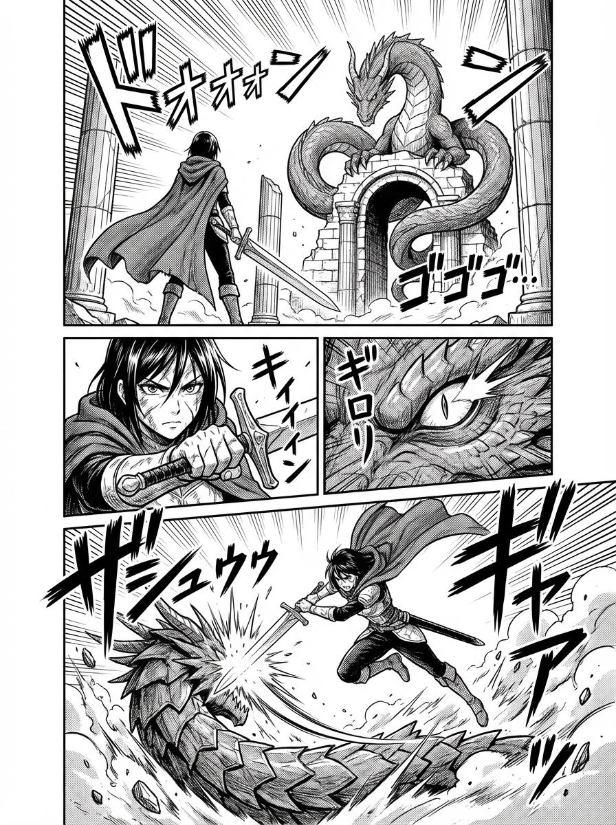 Complete four-panel shonen fantasy battle manga page