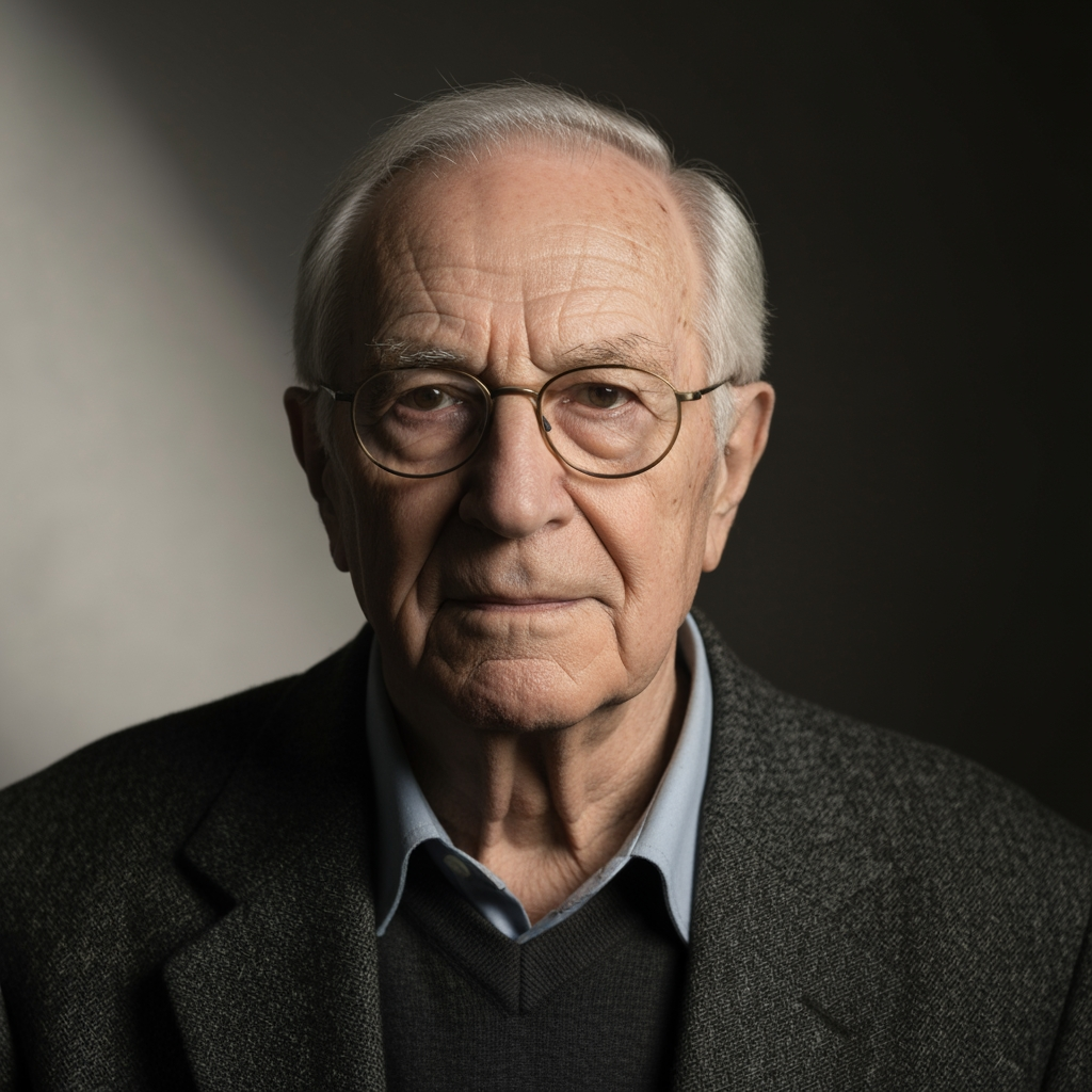 A close-up portrait of an elderly man with a wise expression, serving as the main subject. The composition is a standard head-and-shoulders shot, centered, with a shallow depth of field blurring the dark background to focus attention on the face. Lighting is soft and directional, likely from a diffused source angled from the front and slightly to one side, casting gentle shadows that create depth and emphasize the subject's hair texture and facial features. The color palette is subdued and neutral, dominated by the contrast of the man's grayish-white hair, pale skin, and the dark, muted tones of his clothing and background.