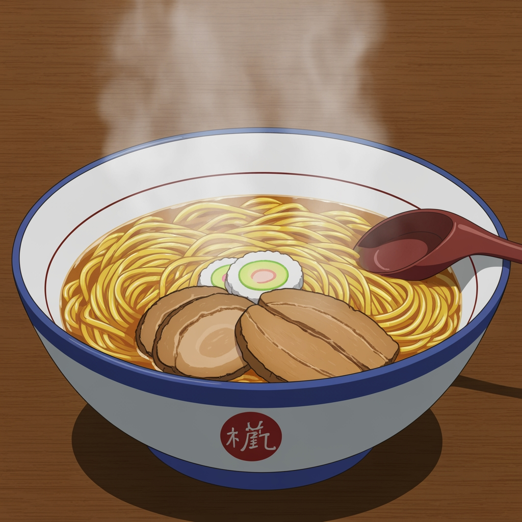 A steaming bowl of ramen is the main focus, placed centrally on a wooden tabletop. The image is composed with a slightly elevated, three-quarters perspective, allowing clear visibility of all the ingredients within the bowl. Lighting is soft and diffused, cast from above and slightly to the left, creating gentle highlights on the noodles and a realistic, luminous steam effect rising from the hot soup. The color palette features warm, earthy tones: golden yellow noodles, rich brown slices of meat, a subtle creamy-white and pale green narutomaki garnish.