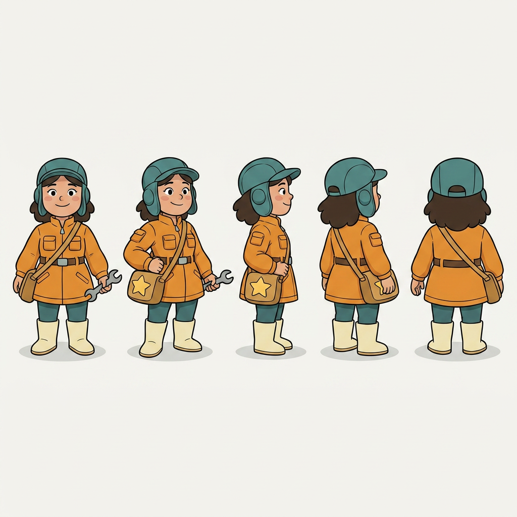 AI character turnaround sheet with consistent face outfit props and silhouette