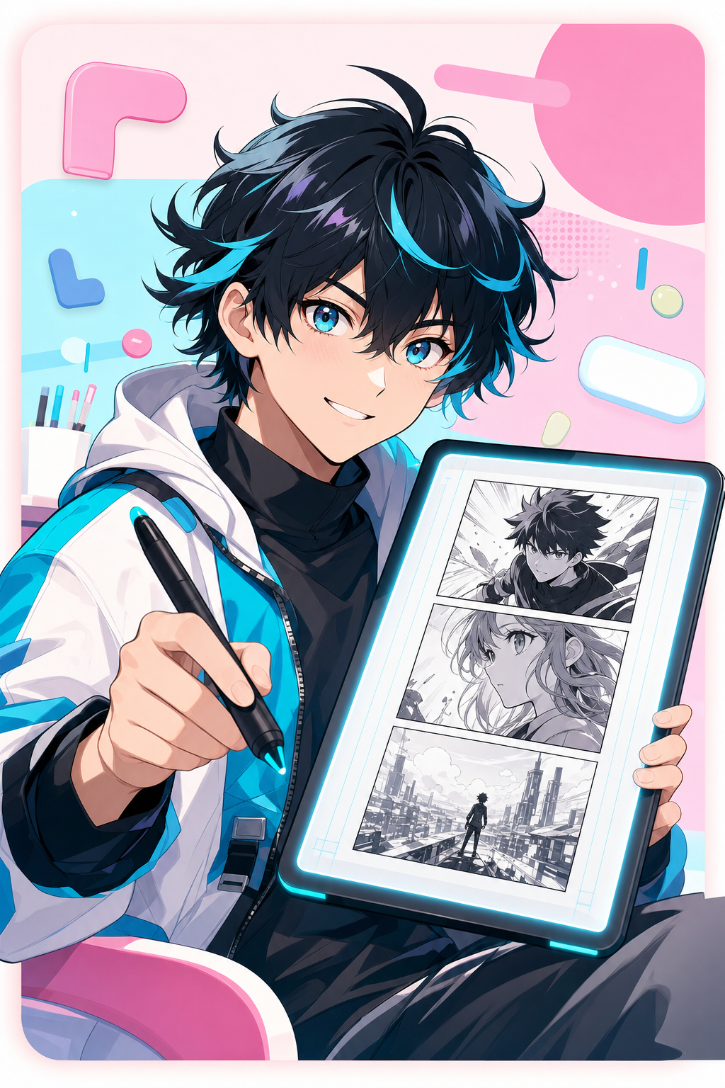An expressive manga character used as a creator behind the scenes example