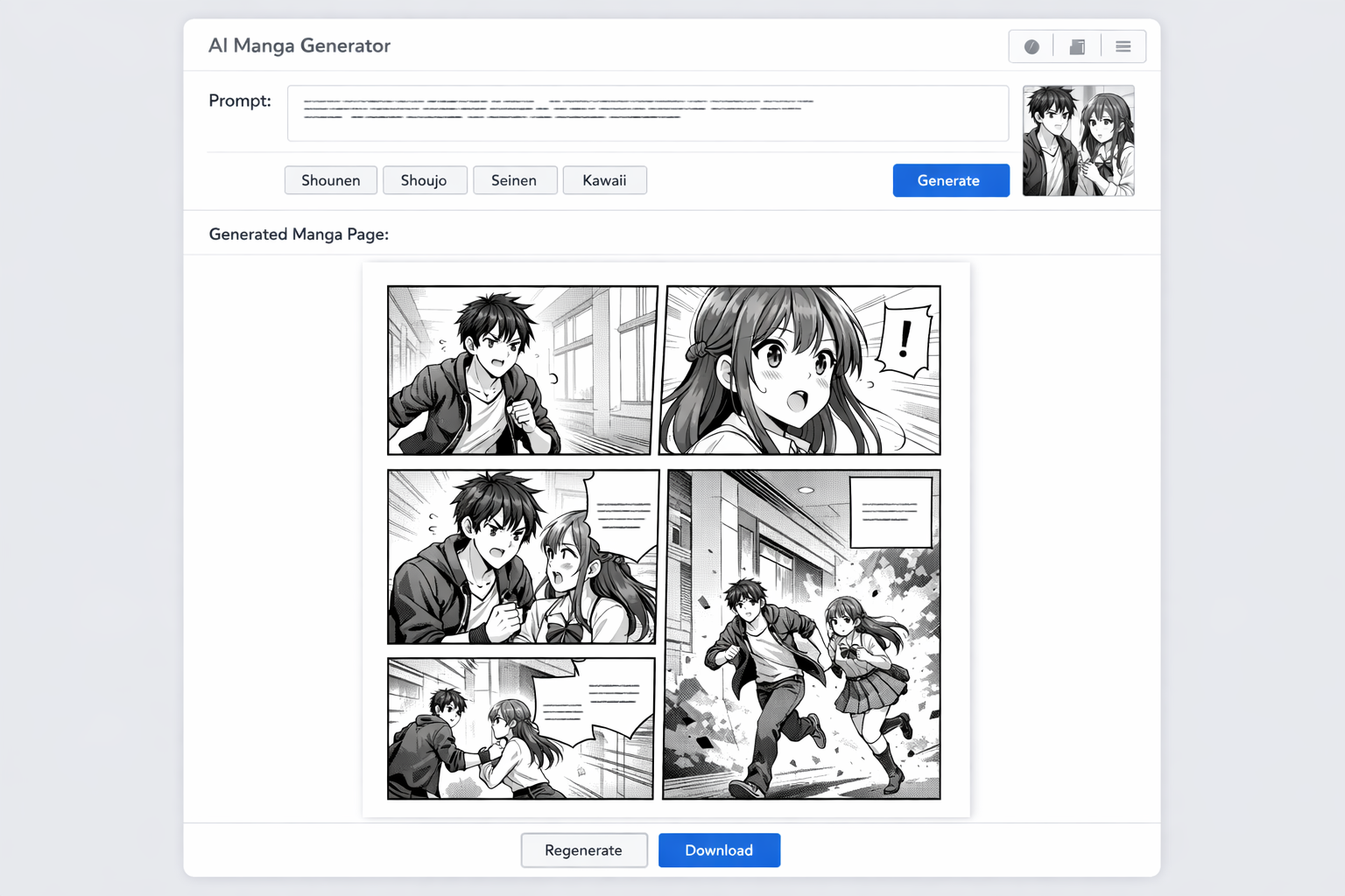 Grensesnitt for AI-mangahistoriegenerator som lager en mangaside med flere paneler