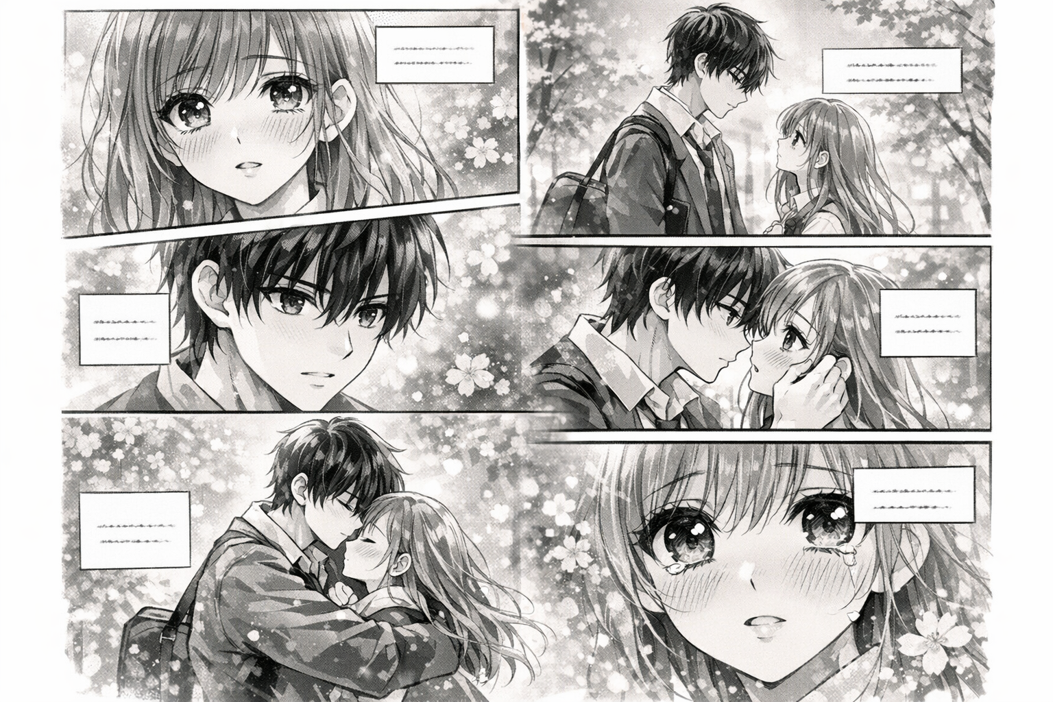 Eksempel på AI shojo manga generator med en hel følelsesladet mangaside