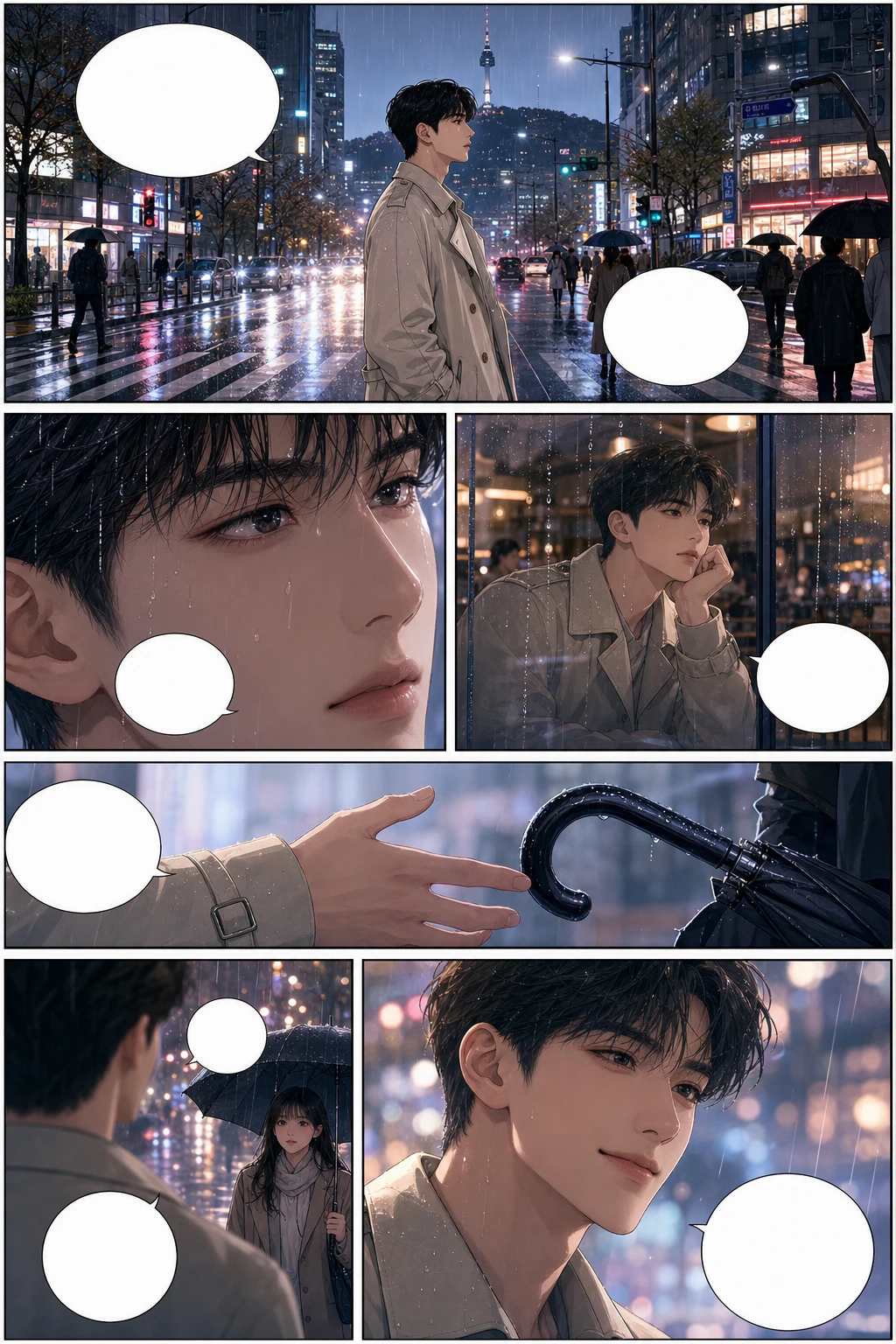 浪漫韓漫 webtoon 場景，一致角色及雨中城市分鏡節奏