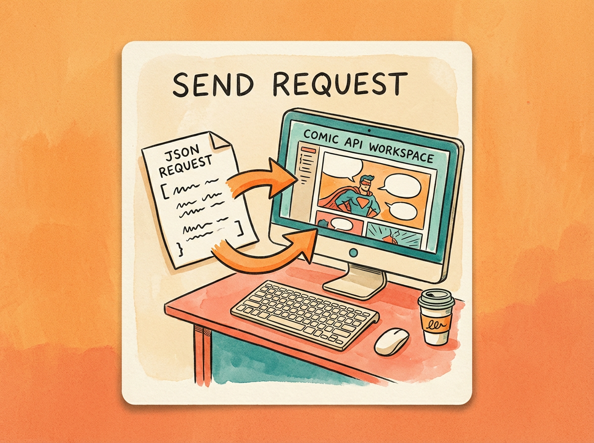 Colorful hand-drawn comic API onboarding illustration showing a request moving into the API workspace.
