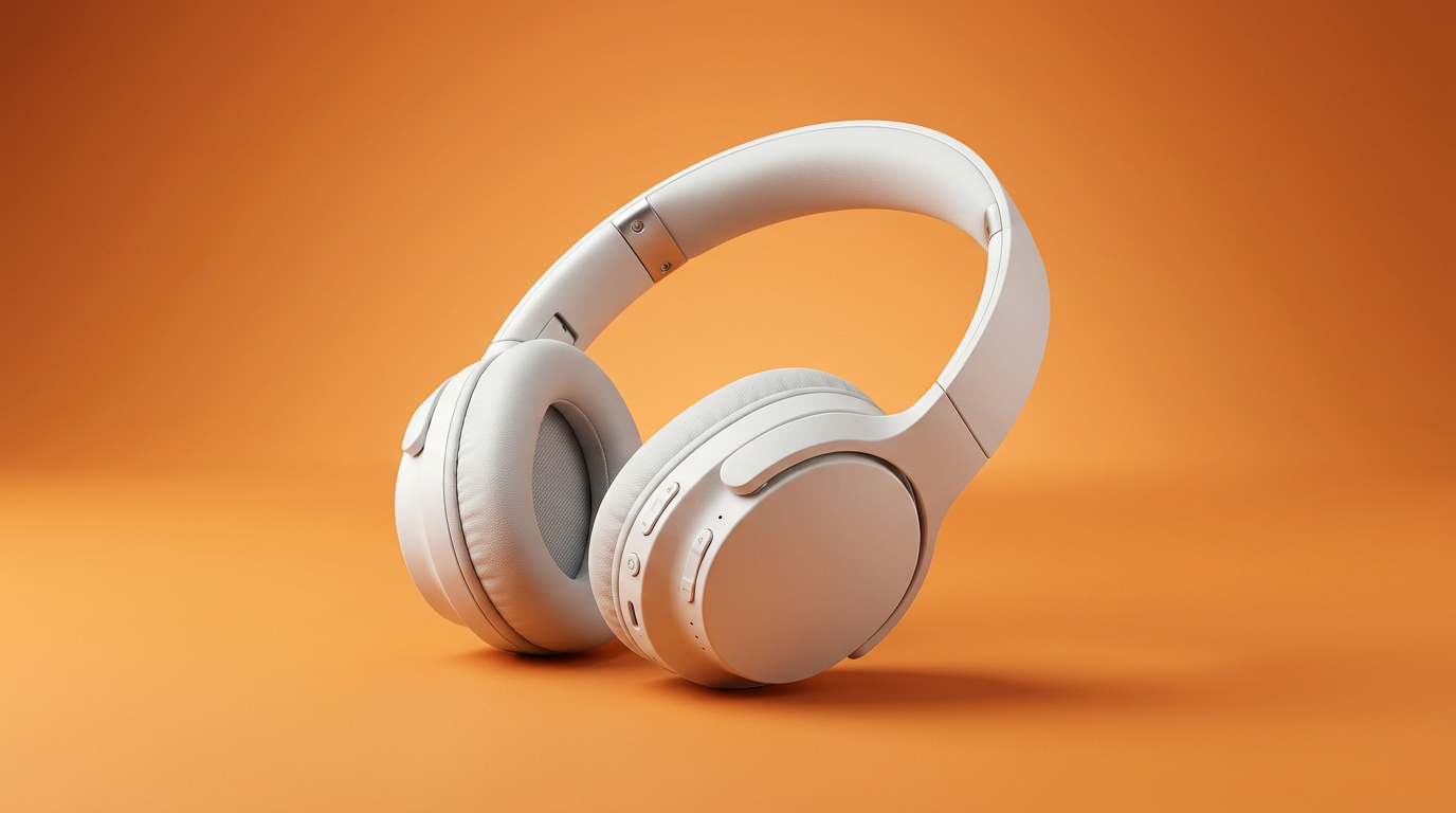 AI generated ecommerce product visual of white headphones on an orange studio background