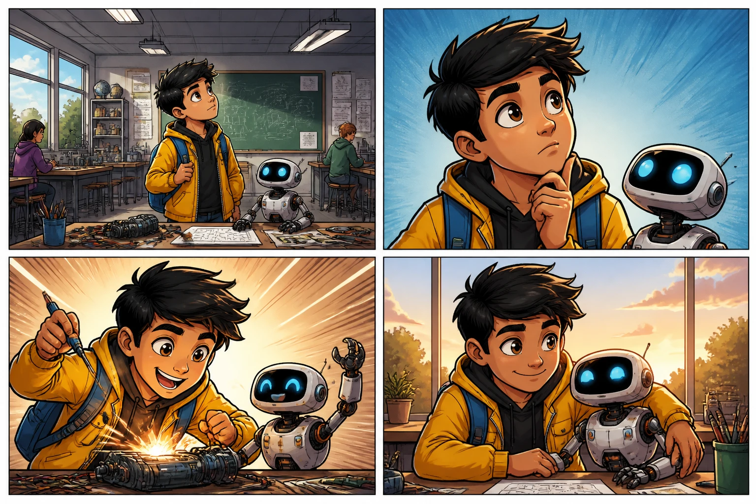 Four-panel comic showing a black-haired boy in a yellow jacket with a blue backpack and a small white robot at a workshop table.