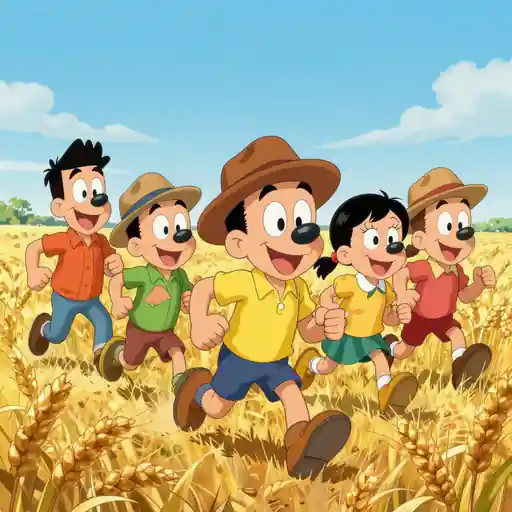 Joyful Comic Heroes in a Golden Wheat Field style AI art example