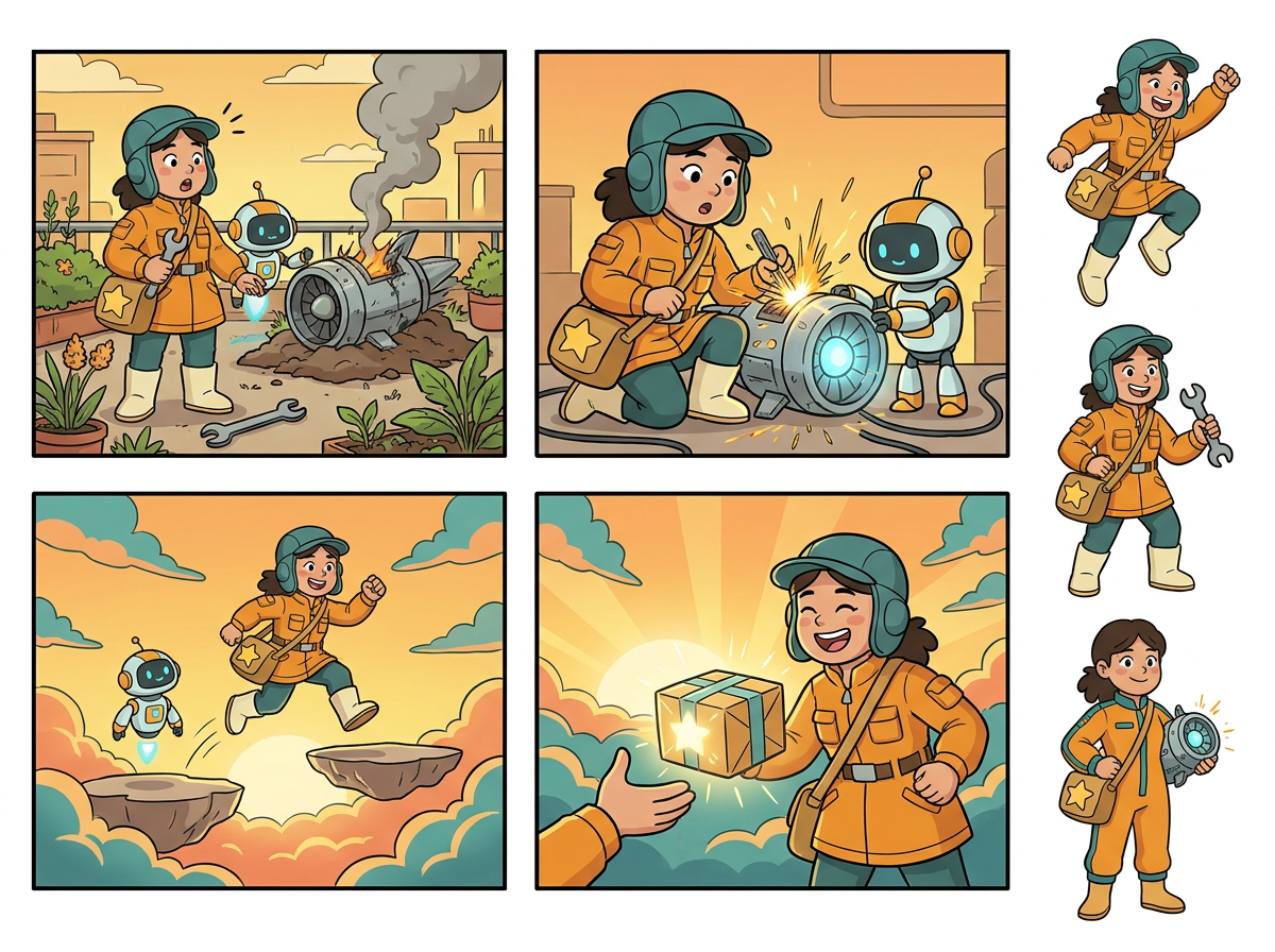 AI cartoon character action pose and storyboard scene reference board