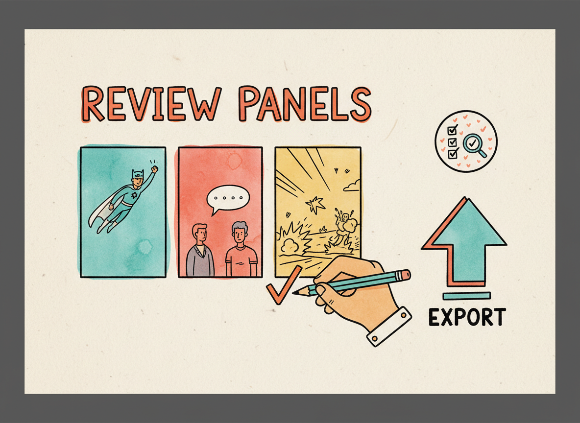 Colorful hand-drawn comic API onboarding illustration showing finished panels being reviewed before export.