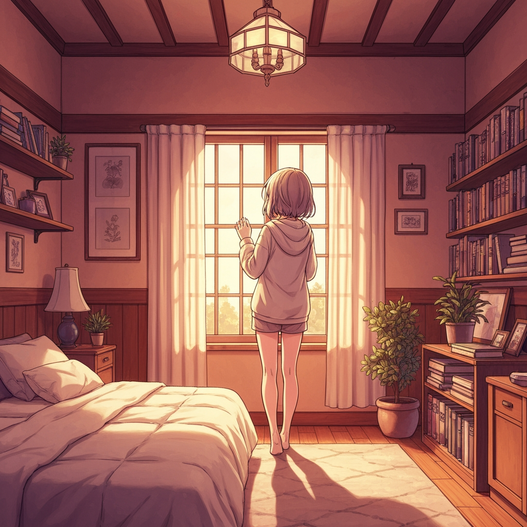Anime girl in her cozy bedroom, standing by the window with curtains, warm indoor lighting, wearing casual home clothes, detailed interior design with books and plants, manga illustration style