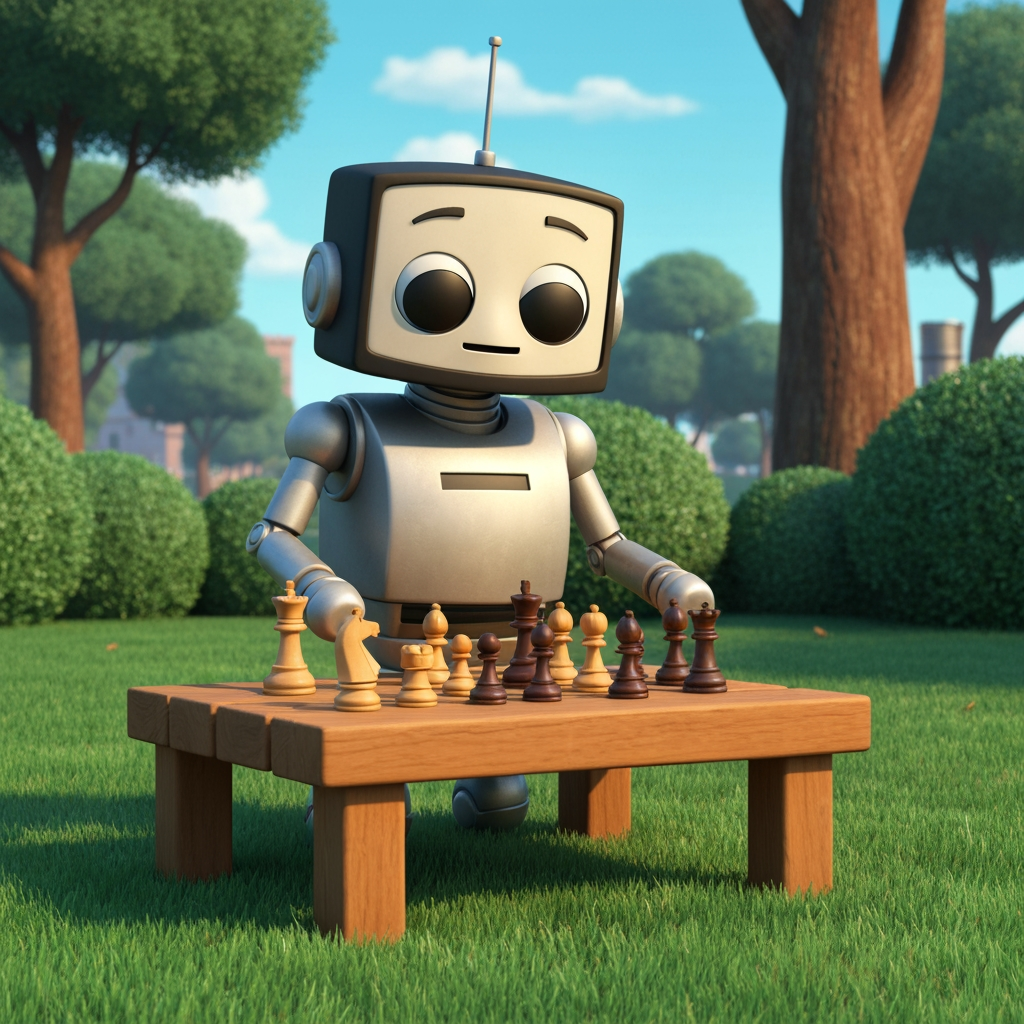 A charming cartoon-style robot playing chess outdoors is the main focus. The composition centers the robot at a low angle, with the chessboard neatly positioned on a wooden table in the foreground. Lighting is natural, with soft and even sunlight casting gentle shadows, evoking a clear morning or early afternoon. The color palette is dominated by muted greens from manicured grass and bushy hedges, warm browns of the table and chess pieces, and cool metallic tones from the robot, with a calm blue sky overhead.