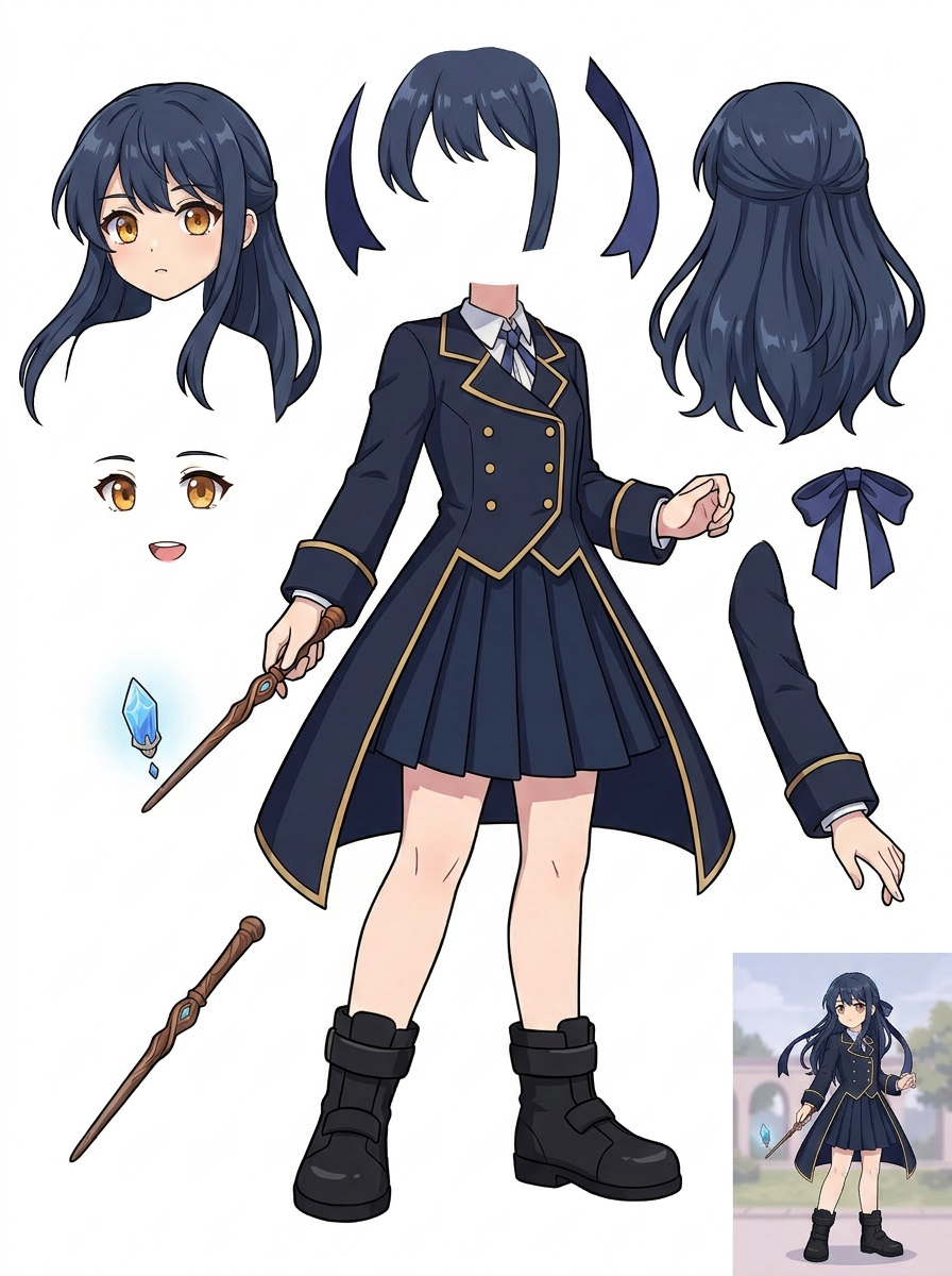 髪・衣装・アクセサリーを配置した、生成済みのアニメキャラクターパーツシート