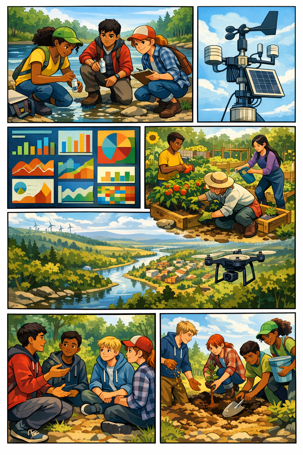 AI comic page for a student climate science project with field research scenes