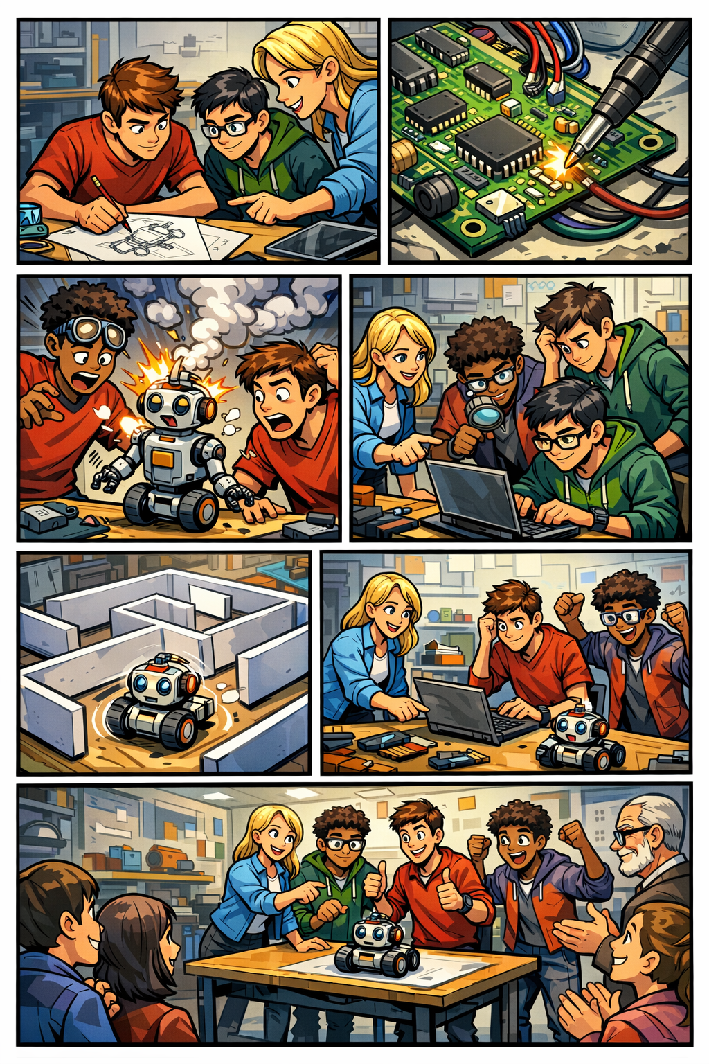 AI comic page for a student engineering robotics project with prototype testing