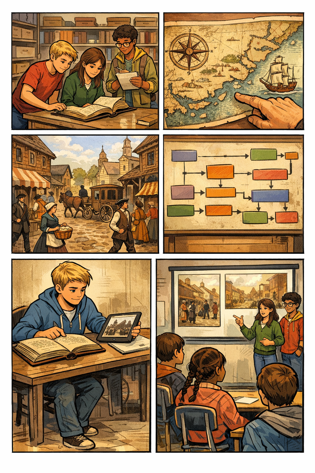 AI comic page for a student history research project with archive and timeline scenes