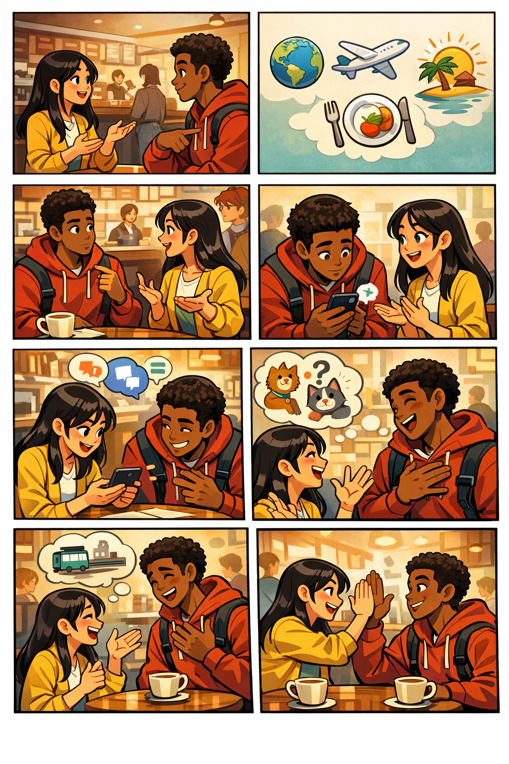 AI comic page for student language practice in a campus cafe scene