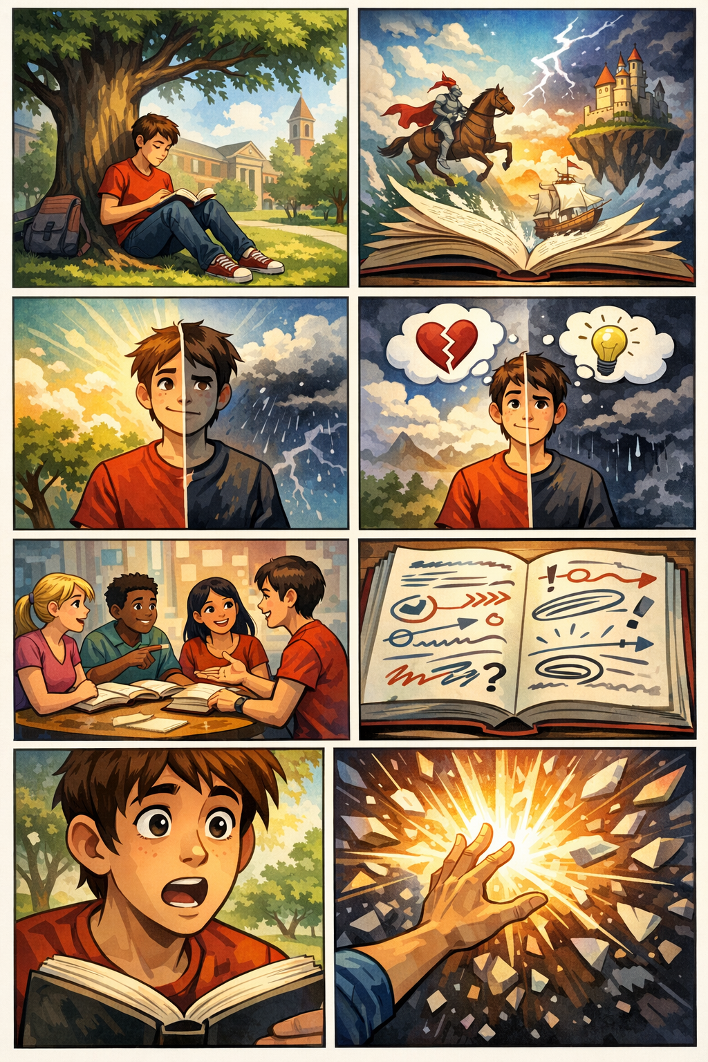 AI comic page for a student literature book report with symbolic reading scenes