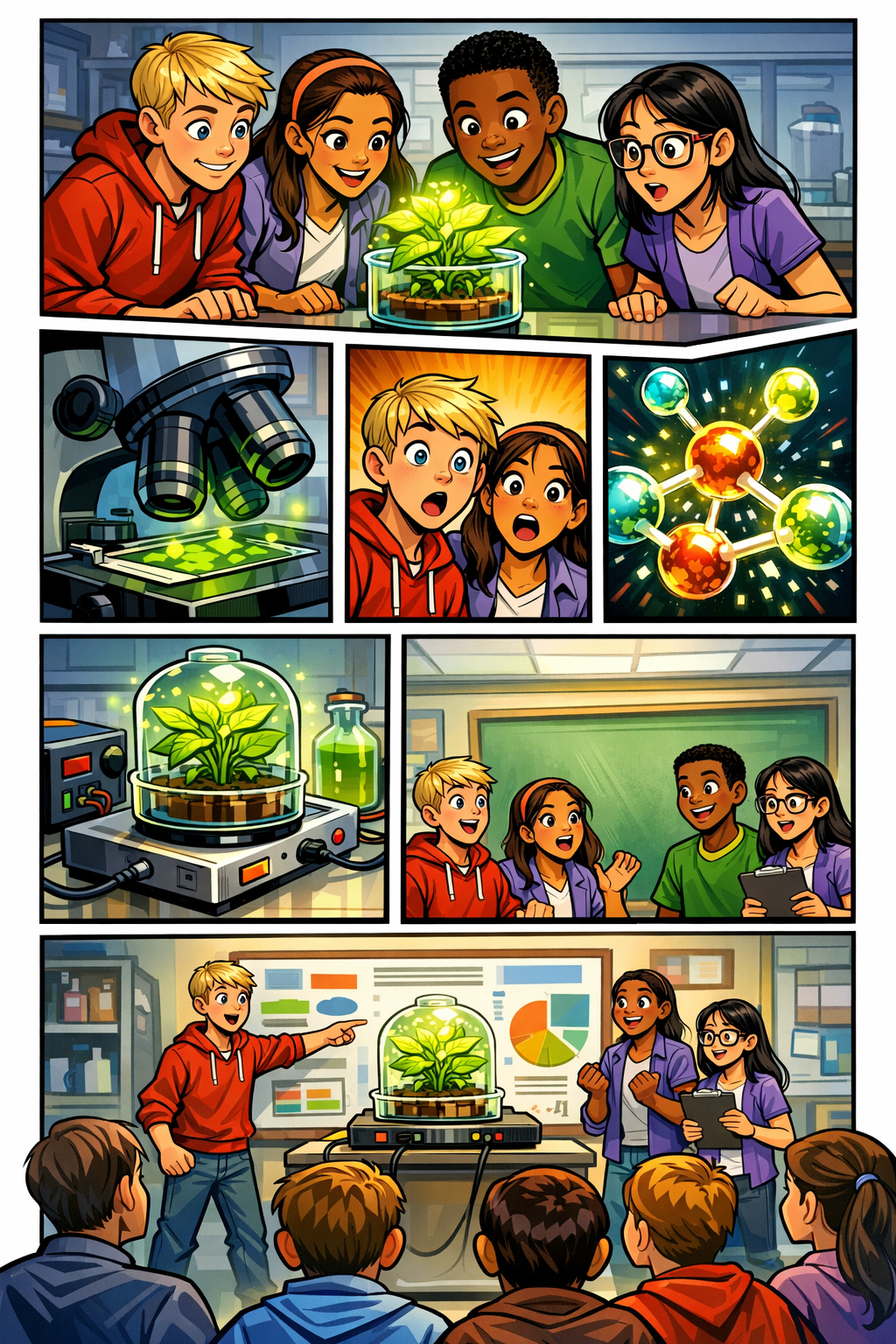 AI comic page for a student science lab project with a glowing plant experiment