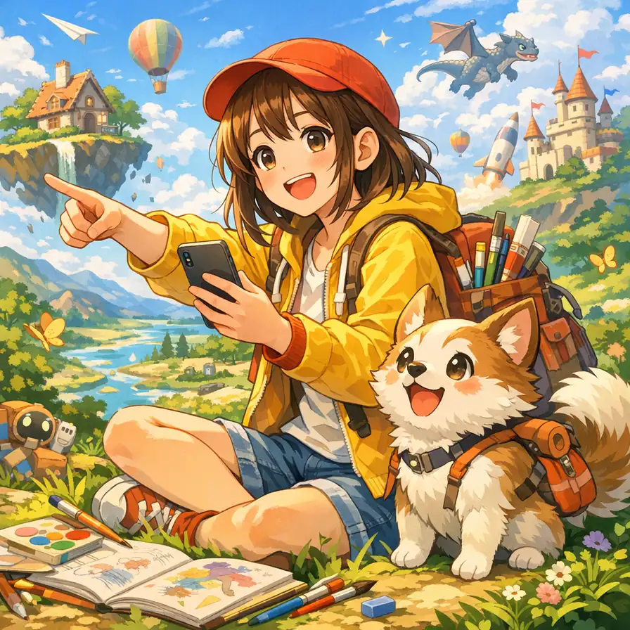 For Example Anime Introspective Teen Anime Girl with Smartphone AI Art Generator for ...
