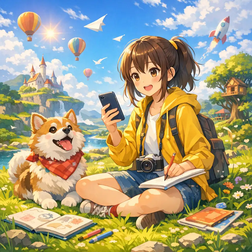 For Example Anime Introspective Teen Anime Girl with Smartphone AI Art Generator for ...