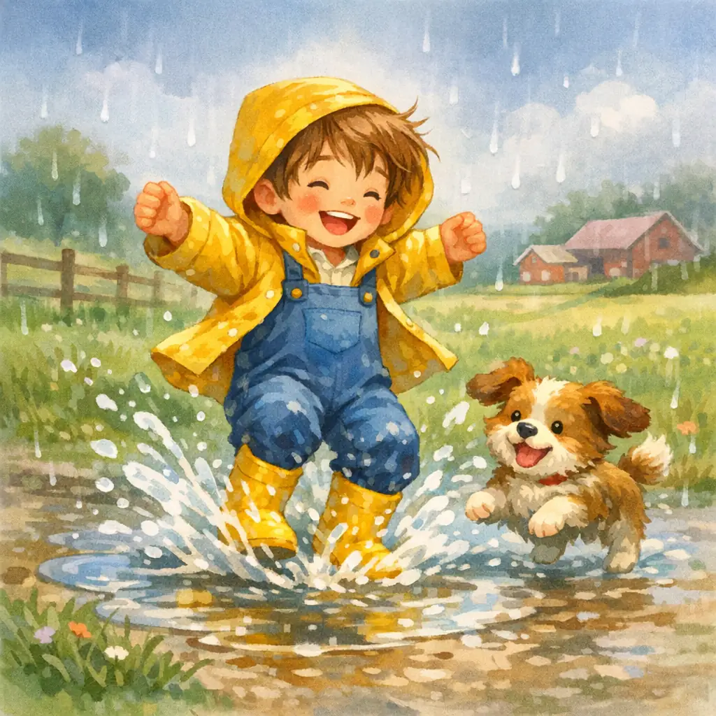 Joyful Puddle Splash in a Rainy Field style AI art example