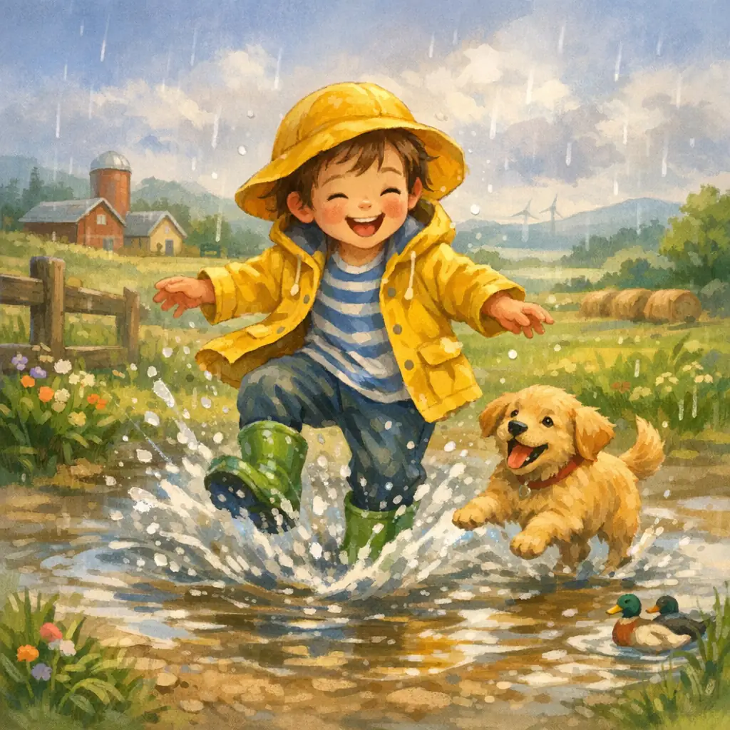 Joyful Puddle Splash in a Rainy Field solution proof sample