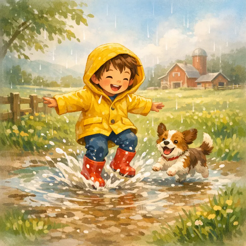 Joyful Puddle Splash in a Rainy Field story problem sample 3