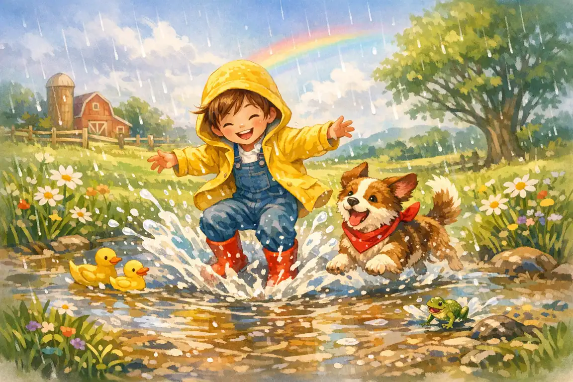 Joyful Puddle Splash in a Rainy Field generated style sample