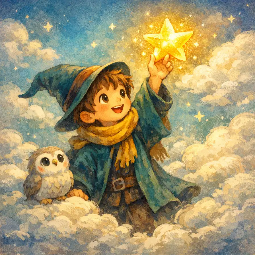 Whimsical Wizard Boy Touches the Golden Star style AI art example