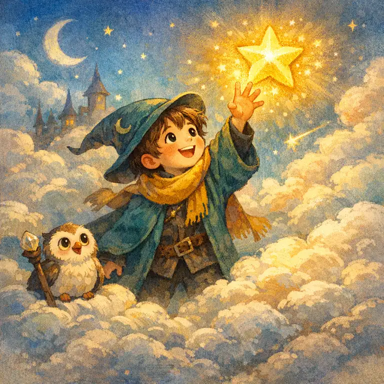 Whimsical Wizard Boy Touches the Golden Star solution proof sample