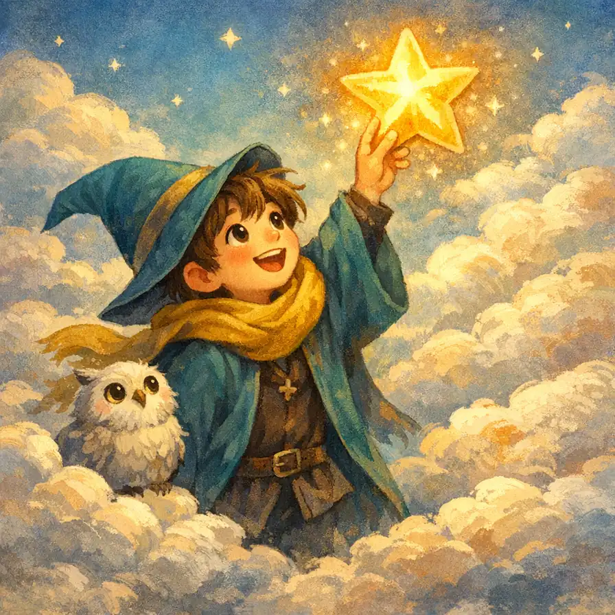Whimsical Wizard Boy Touches the Golden Star story problem sample 3