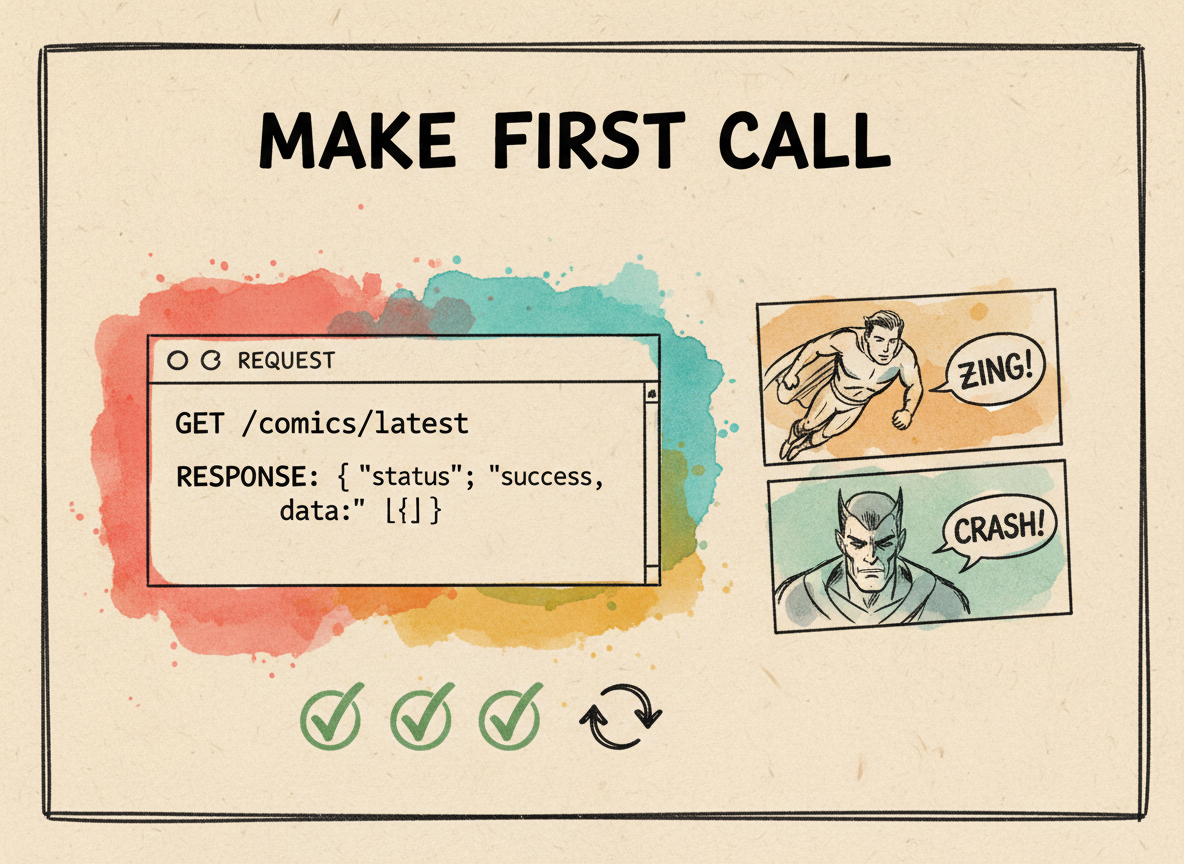 Colorful hand-drawn comic API skills illustration showing a first request and output review.