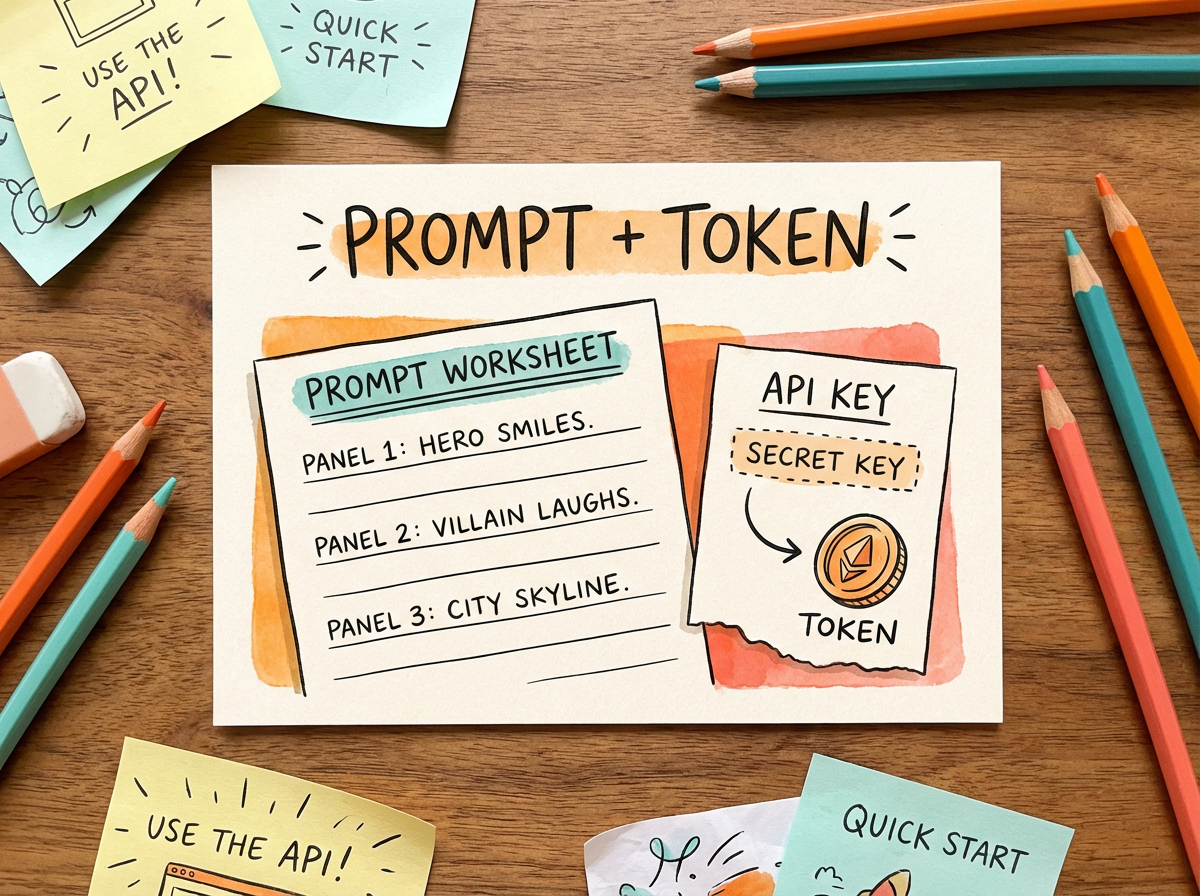 Colorful hand-drawn comic API onboarding illustration showing a prompt sheet and API token note.