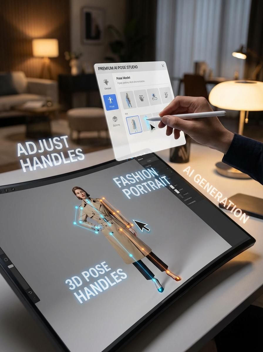 AI pose studio interface scene with pose handles and portrait editing