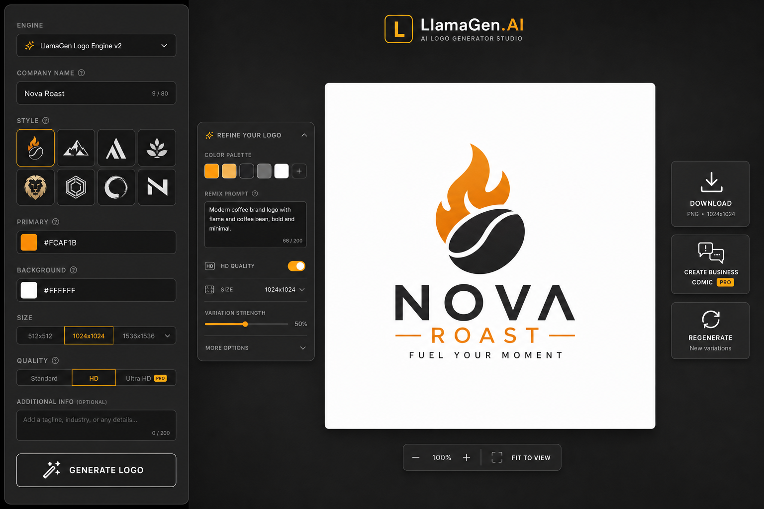 Logo editor interface with adjustment panel