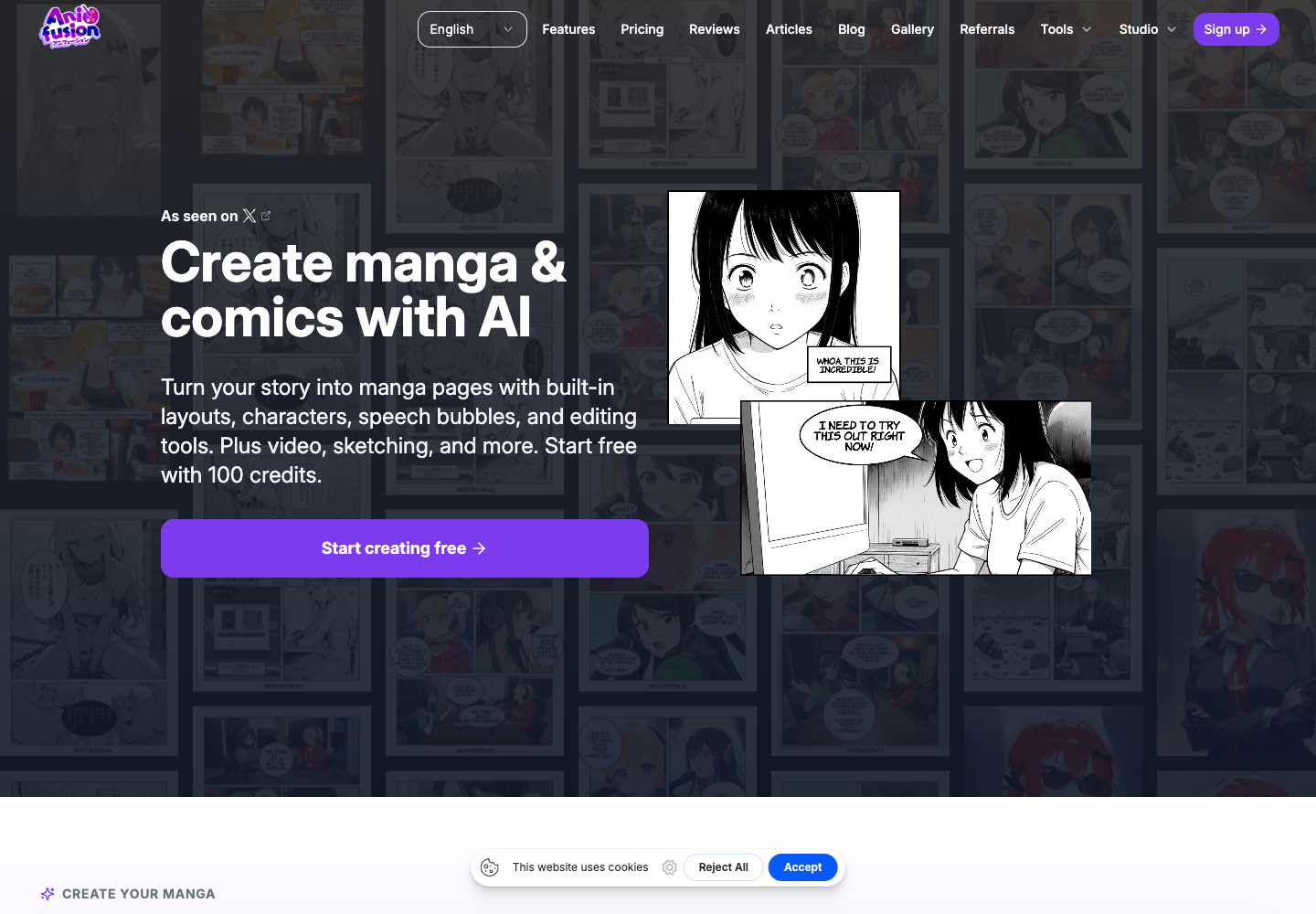Anifusion homepage screenshot showing AI manga and comic generation positioning