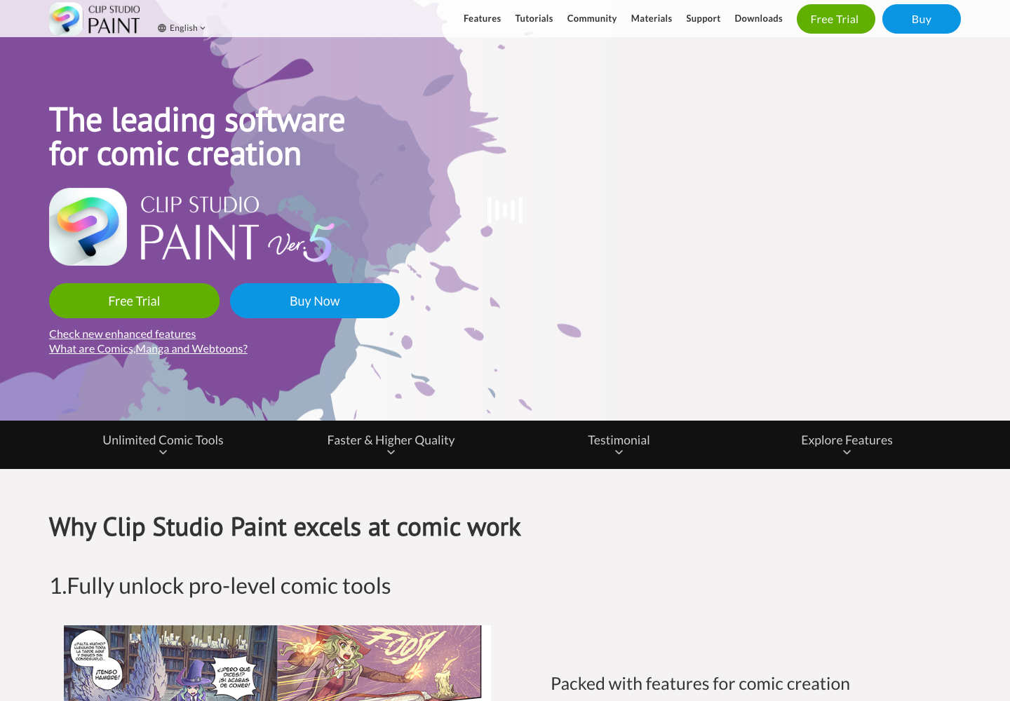 Clip Studio Paint comic creation screenshot showing professional comic software positioning