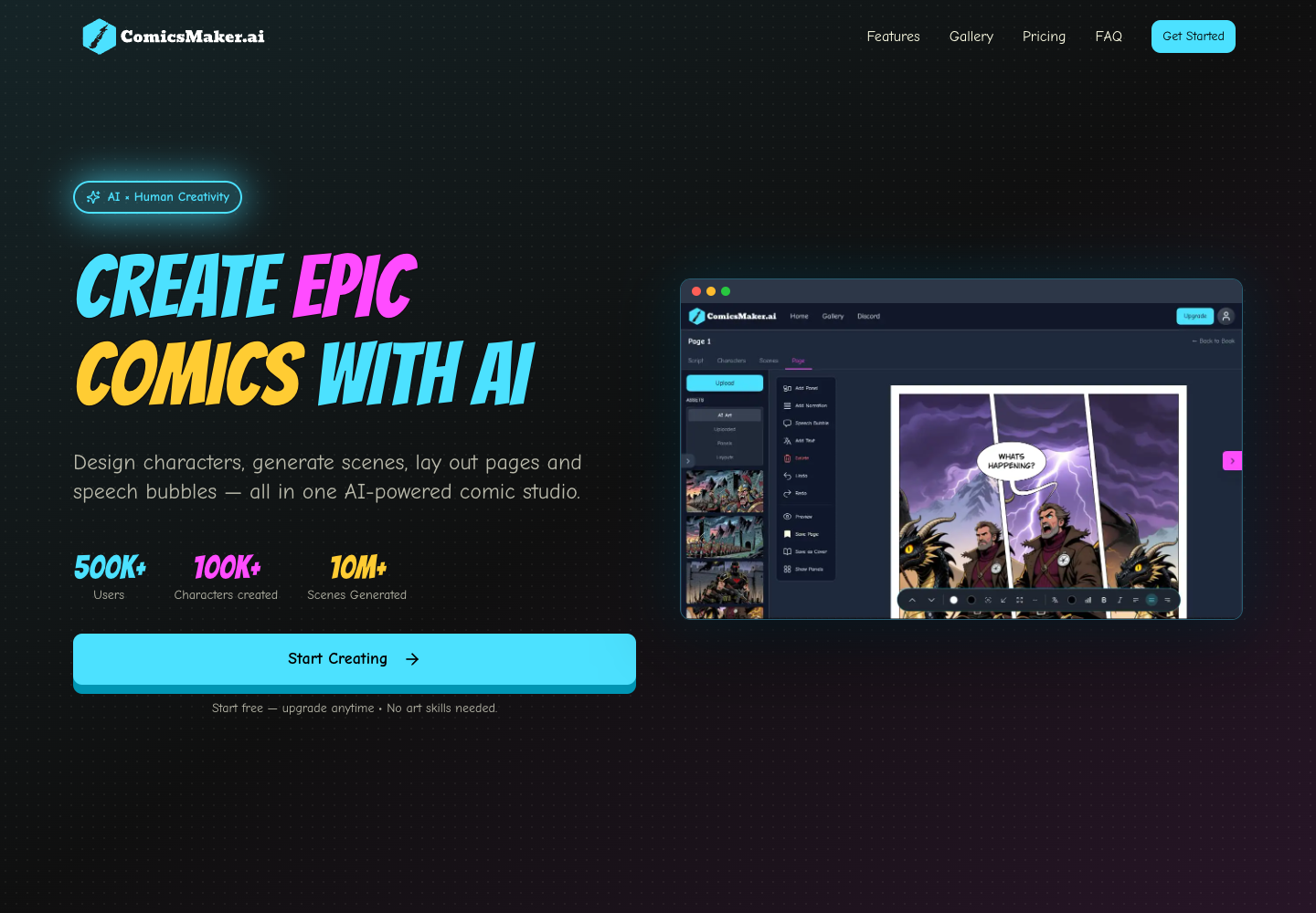 ComicsMaker.ai homepage screenshot showing page designer, generated comic page, and speech bubble tools
