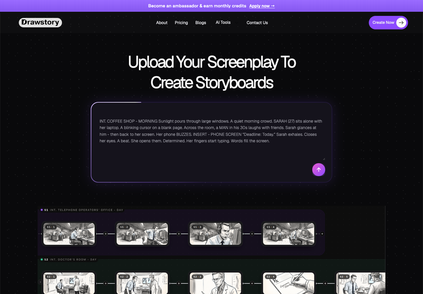 Drawstory homepage screenshot showing screenplay upload and generated storyboard rows