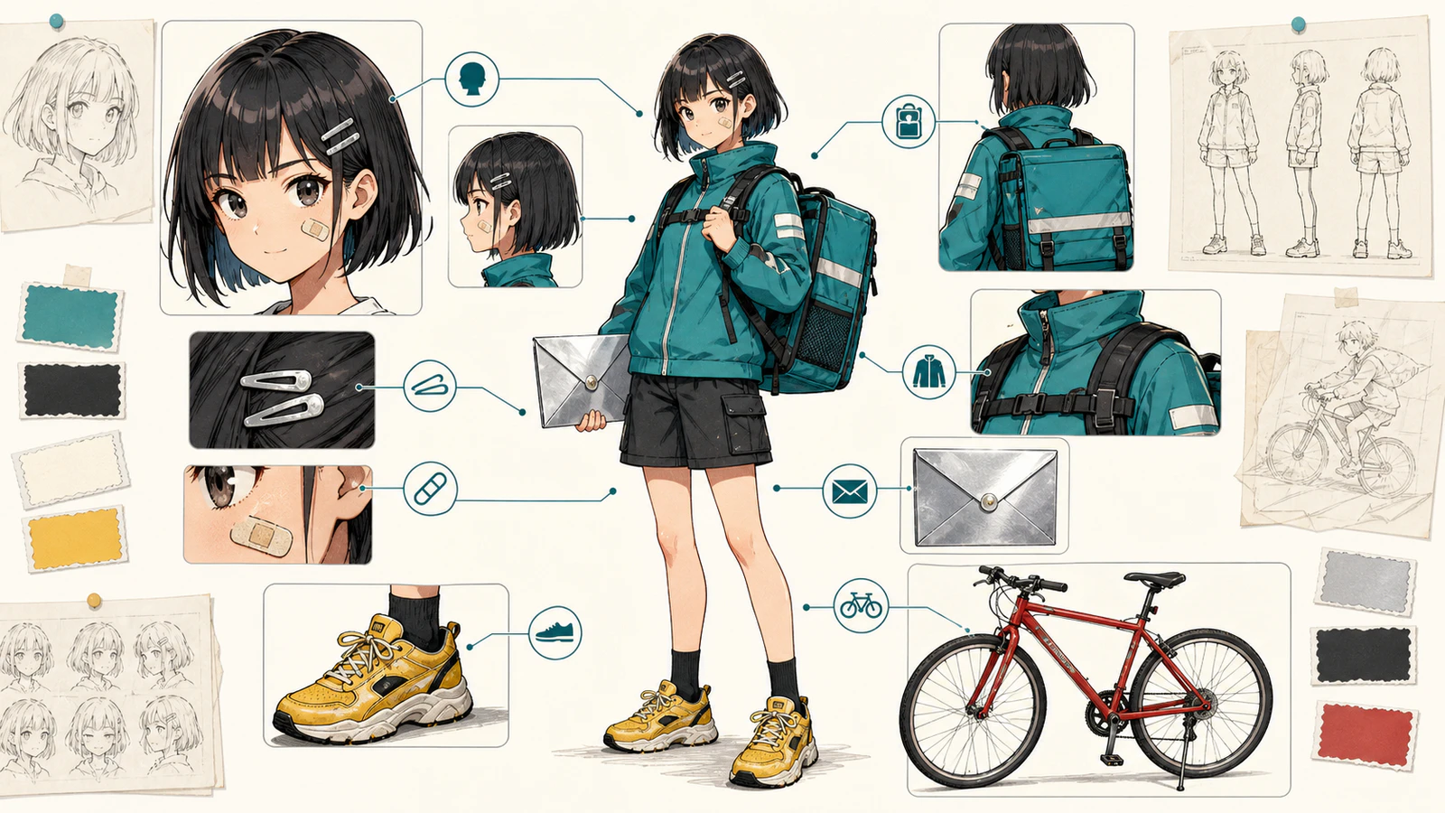 A visual comic character lock file with face, hair, outfit, prop, and color anchors