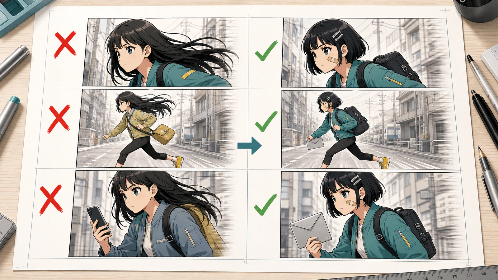 A before and after comic repair pass showing character drift restored to the approved design
