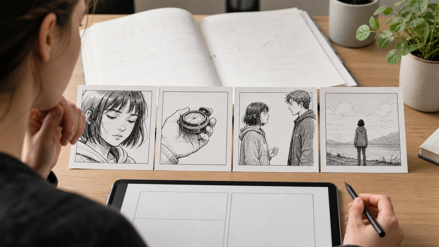 Vier Comic-Panel-Karten zeigen Ausdruck, Objekt, Dialogaufbau und Stille