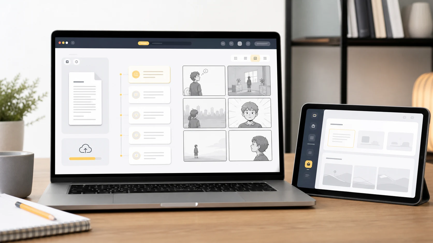 Ein sauberer Upload-Workflow zeigt, wie ein Dokument zu Storyboard-Beats und Comic-Panels wird